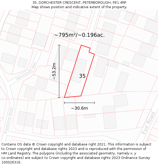 35, DORCHESTER CRESCENT, PETERBOROUGH, PE1 4RP: Plot and title map