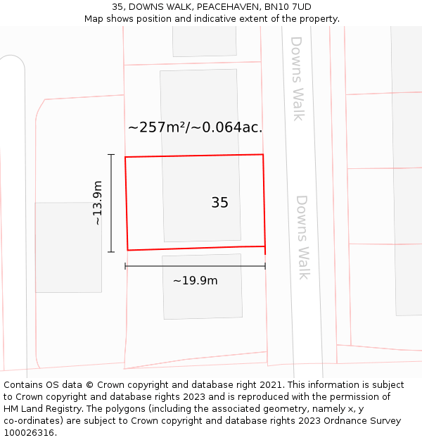 35, DOWNS WALK, PEACEHAVEN, BN10 7UD: Plot and title map