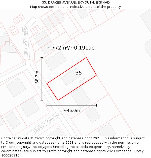 35, DRAKES AVENUE, EXMOUTH, EX8 4AD: Plot and title map