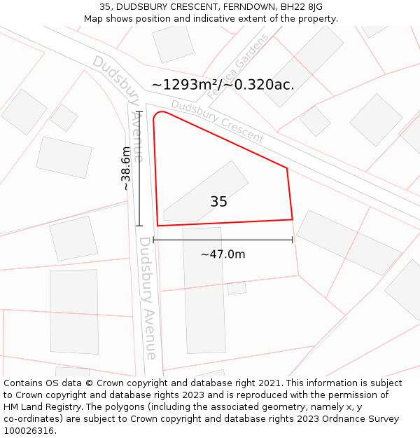 35, DUDSBURY CRESCENT, FERNDOWN, BH22 8JG: Plot and title map