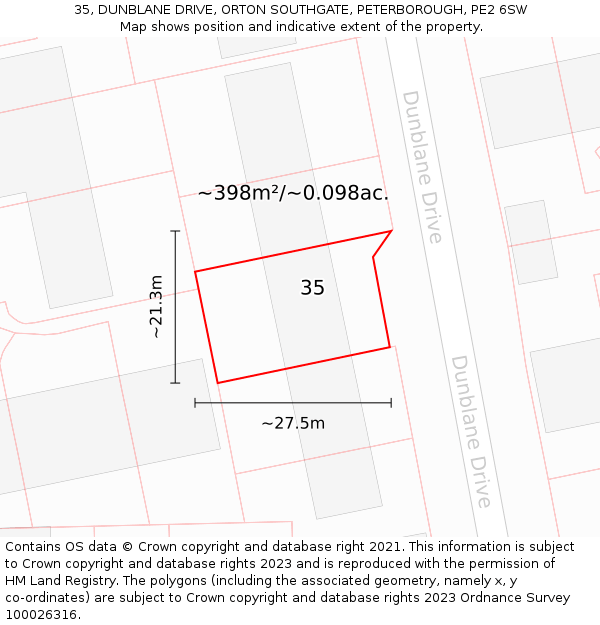 35, DUNBLANE DRIVE, ORTON SOUTHGATE, PETERBOROUGH, PE2 6SW: Plot and title map