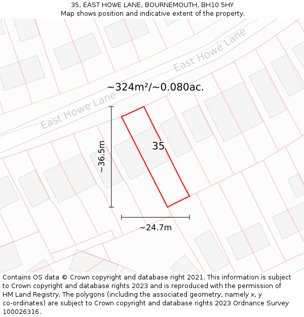 35, EAST HOWE LANE, BOURNEMOUTH, BH10 5HY: Plot and title map