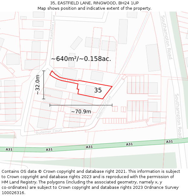 35, EASTFIELD LANE, RINGWOOD, BH24 1UP: Plot and title map