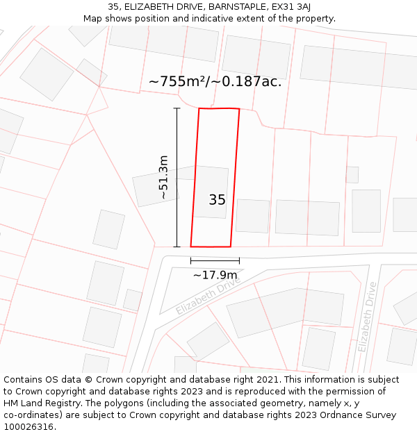 35, ELIZABETH DRIVE, BARNSTAPLE, EX31 3AJ: Plot and title map