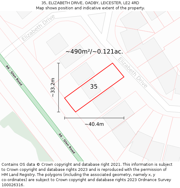 35, ELIZABETH DRIVE, OADBY, LEICESTER, LE2 4RD: Plot and title map