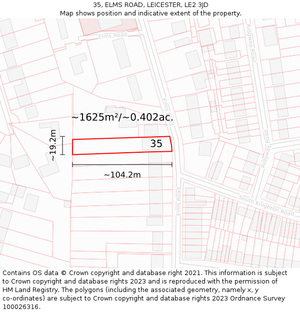 35, ELMS ROAD, LEICESTER, LE2 3JD: Plot and title map