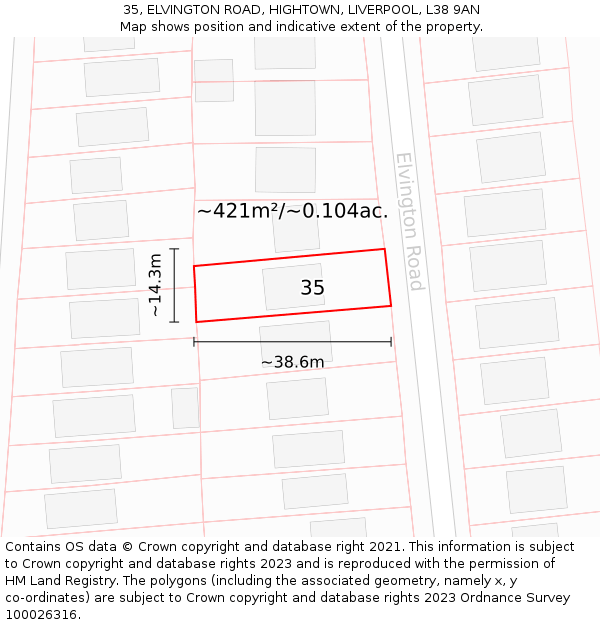 35, ELVINGTON ROAD, HIGHTOWN, LIVERPOOL, L38 9AN: Plot and title map