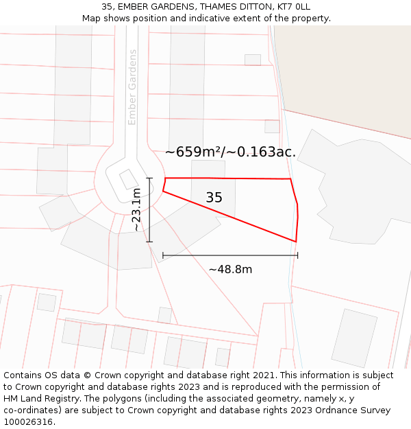 35, EMBER GARDENS, THAMES DITTON, KT7 0LL: Plot and title map