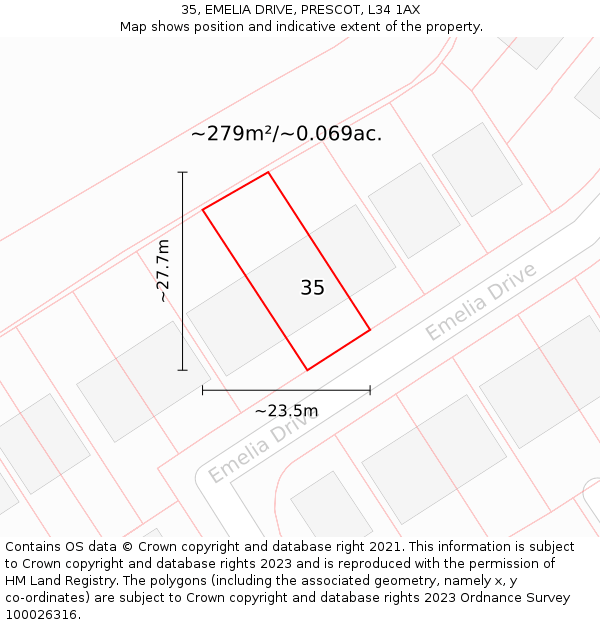 35, EMELIA DRIVE, PRESCOT, L34 1AX: Plot and title map