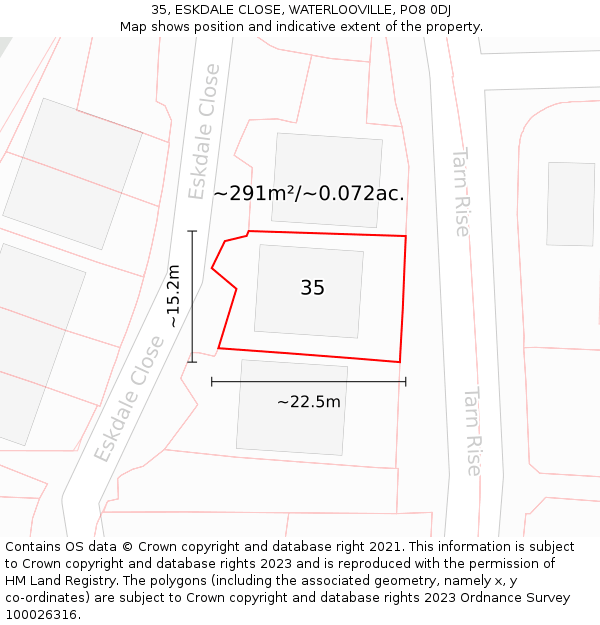 35, ESKDALE CLOSE, WATERLOOVILLE, PO8 0DJ: Plot and title map