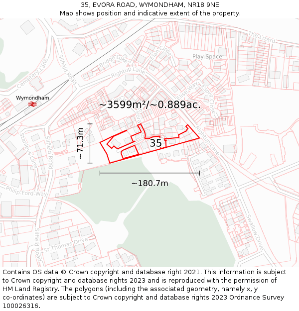 35, EVORA ROAD, WYMONDHAM, NR18 9NE: Plot and title map