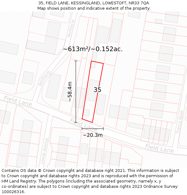 35, FIELD LANE, KESSINGLAND, LOWESTOFT, NR33 7QA: Plot and title map