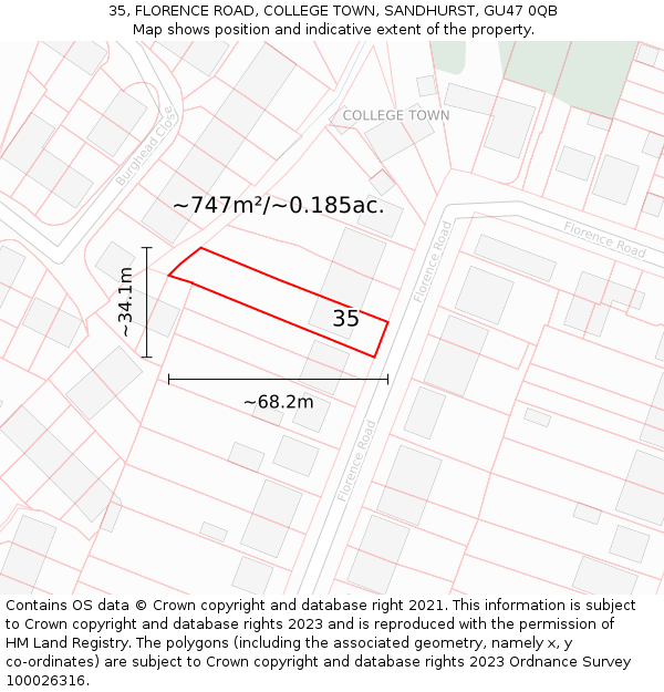 35, FLORENCE ROAD, COLLEGE TOWN, SANDHURST, GU47 0QB: Plot and title map