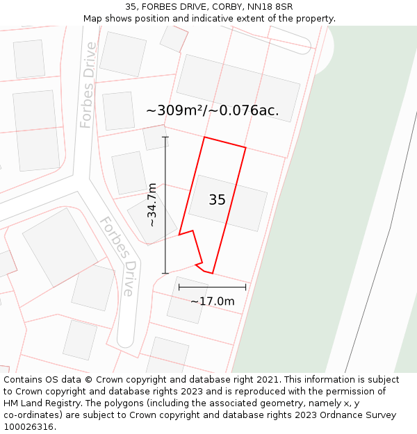 35, FORBES DRIVE, CORBY, NN18 8SR: Plot and title map