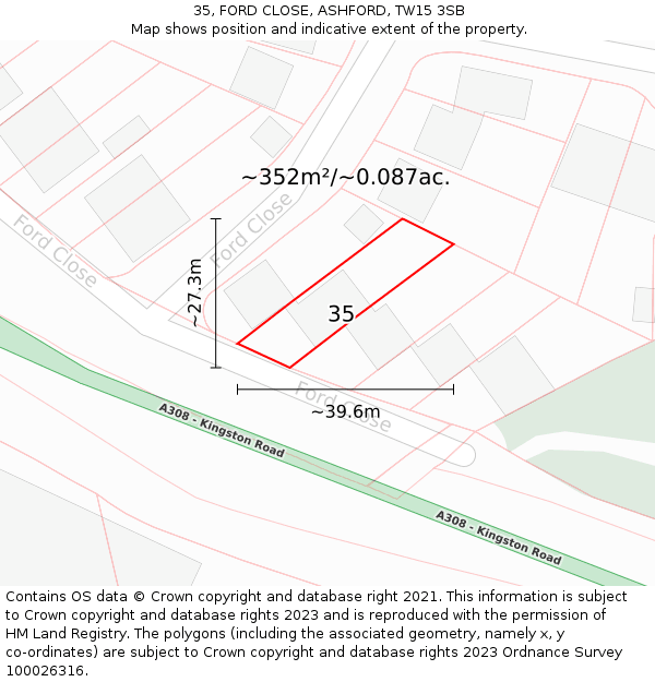 35, FORD CLOSE, ASHFORD, TW15 3SB: Plot and title map