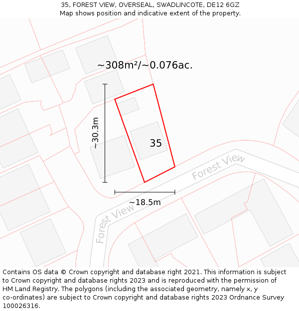 35, FOREST VIEW, OVERSEAL, SWADLINCOTE, DE12 6GZ: Plot and title map