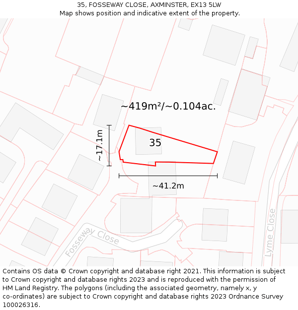 35, FOSSEWAY CLOSE, AXMINSTER, EX13 5LW: Plot and title map