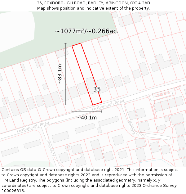 35, FOXBOROUGH ROAD, RADLEY, ABINGDON, OX14 3AB: Plot and title map