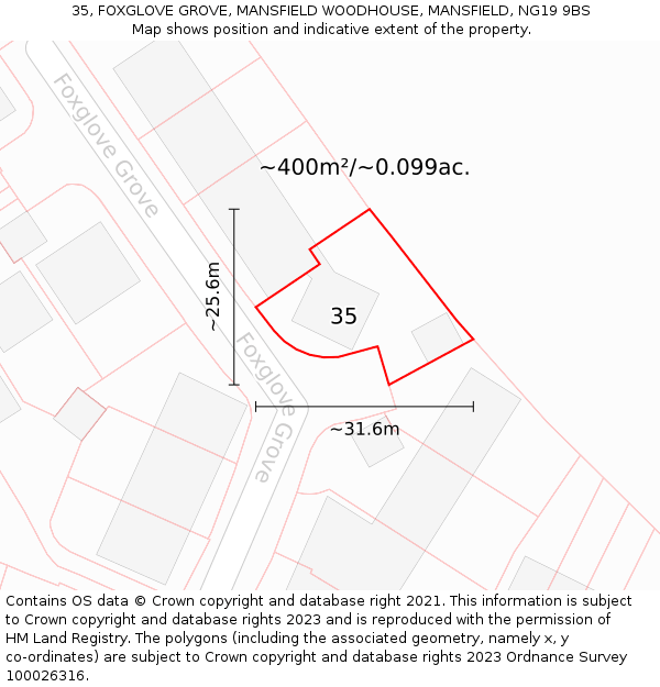 35, FOXGLOVE GROVE, MANSFIELD WOODHOUSE, MANSFIELD, NG19 9BS: Plot and title map