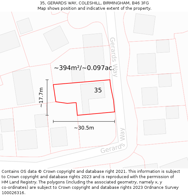 35, GERARDS WAY, COLESHILL, BIRMINGHAM, B46 3FG: Plot and title map