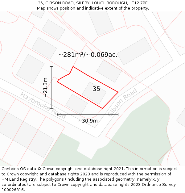 35, GIBSON ROAD, SILEBY, LOUGHBOROUGH, LE12 7PE: Plot and title map