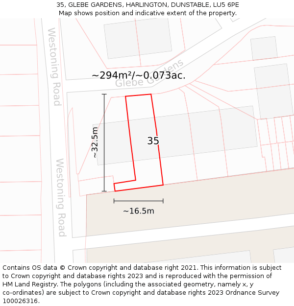 35, GLEBE GARDENS, HARLINGTON, DUNSTABLE, LU5 6PE: Plot and title map