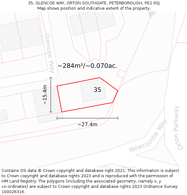 35, GLENCOE WAY, ORTON SOUTHGATE, PETERBOROUGH, PE2 6SJ: Plot and title map