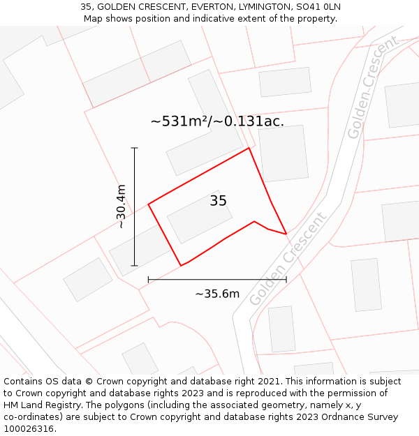 35, GOLDEN CRESCENT, EVERTON, LYMINGTON, SO41 0LN: Plot and title map