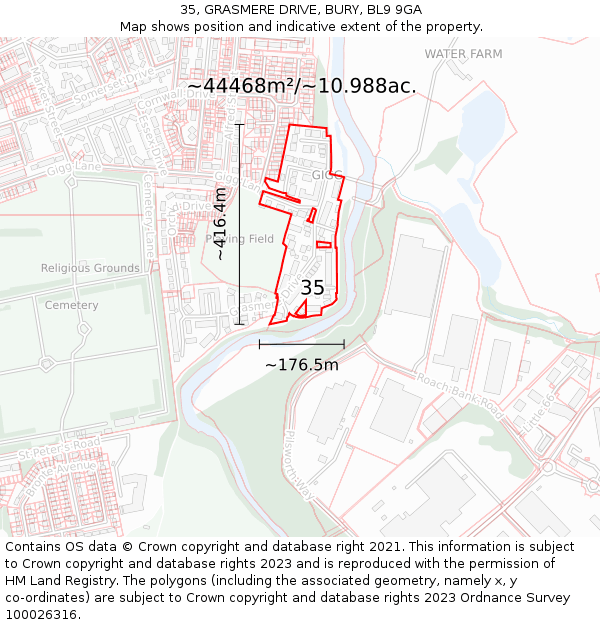 35, GRASMERE DRIVE, BURY, BL9 9GA: Plot and title map