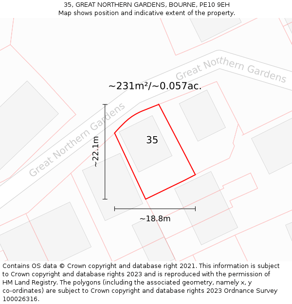 35, GREAT NORTHERN GARDENS, BOURNE, PE10 9EH: Plot and title map