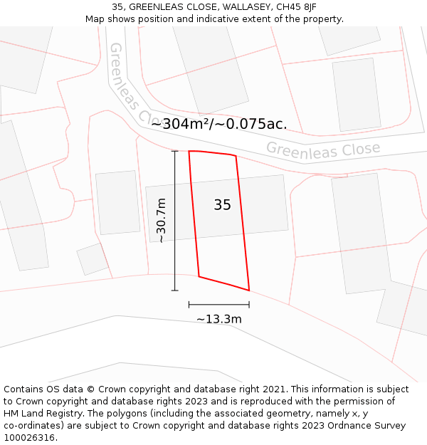 35, GREENLEAS CLOSE, WALLASEY, CH45 8JF: Plot and title map