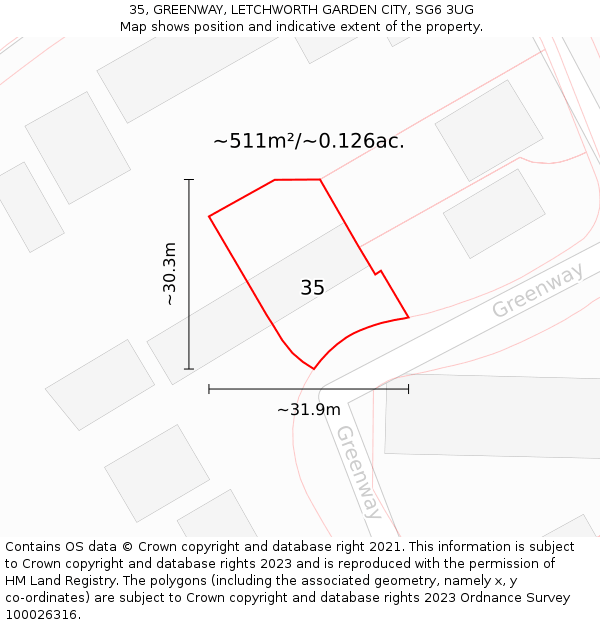 35, GREENWAY, LETCHWORTH GARDEN CITY, SG6 3UG: Plot and title map