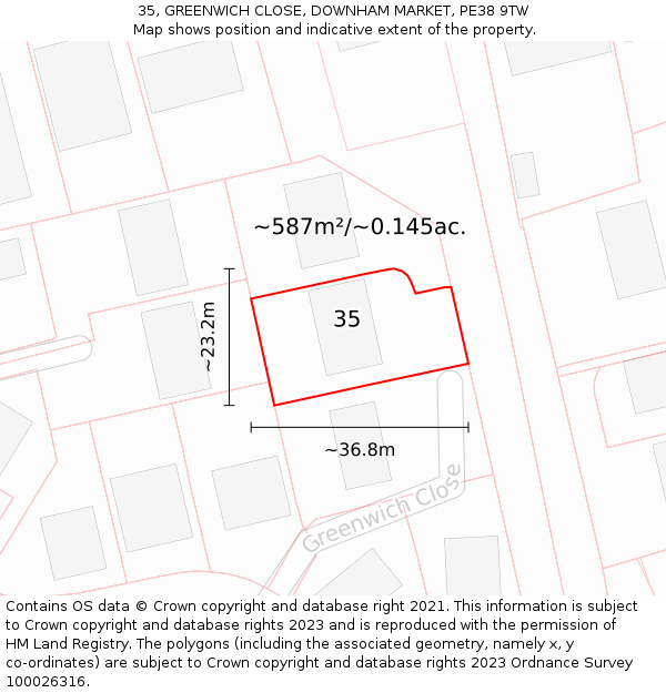 35, GREENWICH CLOSE, DOWNHAM MARKET, PE38 9TW: Plot and title map