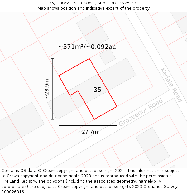 35, GROSVENOR ROAD, SEAFORD, BN25 2BT: Plot and title map