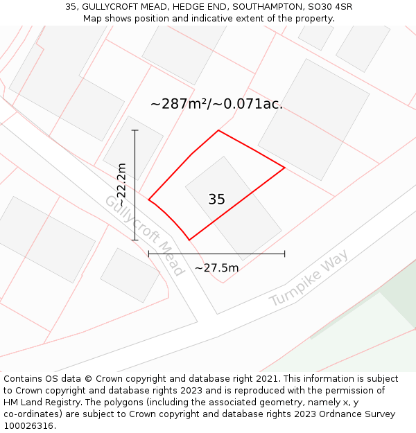 35, GULLYCROFT MEAD, HEDGE END, SOUTHAMPTON, SO30 4SR: Plot and title map