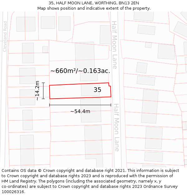 35, HALF MOON LANE, WORTHING, BN13 2EN: Plot and title map