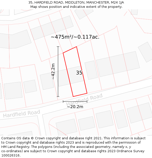 35, HARDFIELD ROAD, MIDDLETON, MANCHESTER, M24 1JA: Plot and title map