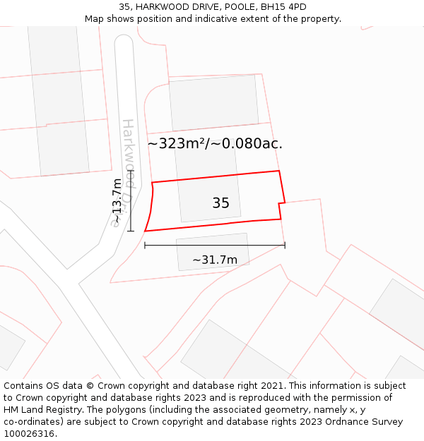 35, HARKWOOD DRIVE, POOLE, BH15 4PD: Plot and title map