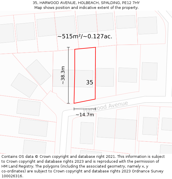 35, HARWOOD AVENUE, HOLBEACH, SPALDING, PE12 7HY: Plot and title map