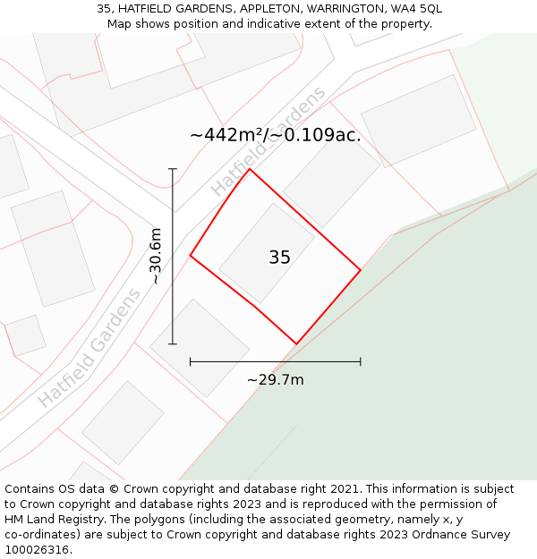 35, HATFIELD GARDENS, APPLETON, WARRINGTON, WA4 5QL: Plot and title map