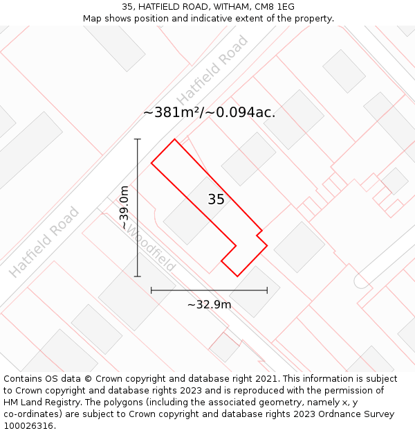 35, HATFIELD ROAD, WITHAM, CM8 1EG: Plot and title map