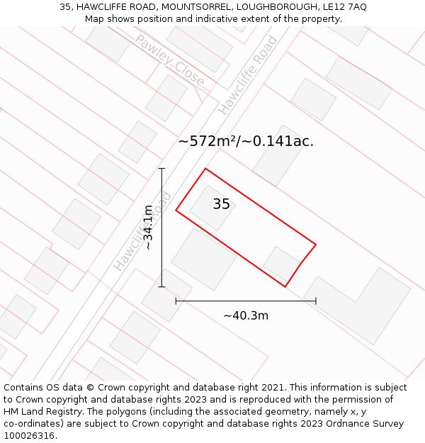 35, HAWCLIFFE ROAD, MOUNTSORREL, LOUGHBOROUGH, LE12 7AQ: Plot and title map