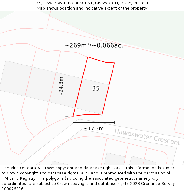 35, HAWESWATER CRESCENT, UNSWORTH, BURY, BL9 8LT: Plot and title map