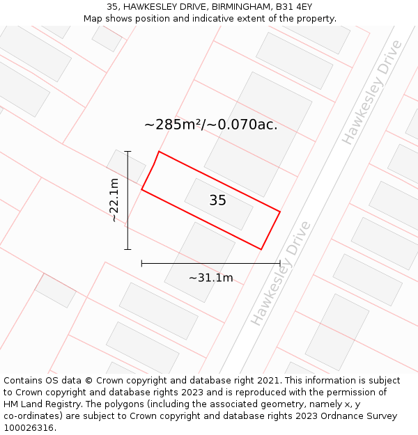 35, HAWKESLEY DRIVE, BIRMINGHAM, B31 4EY: Plot and title map