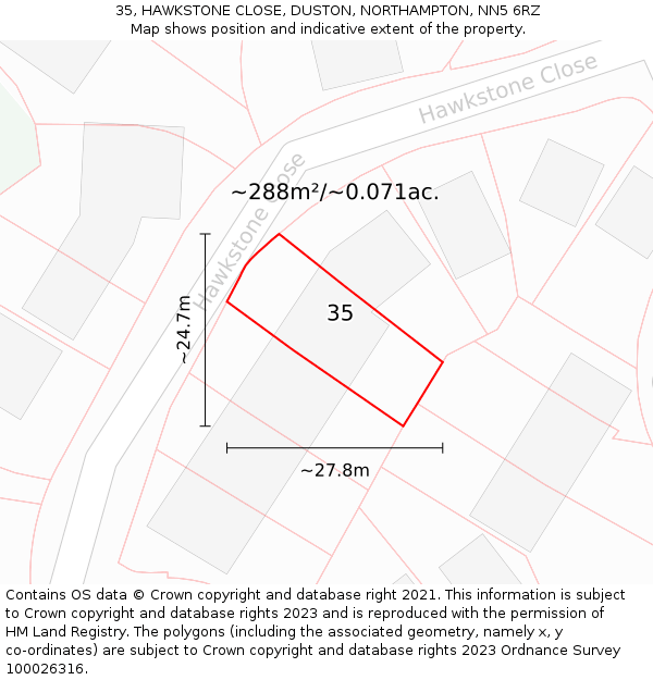 35, HAWKSTONE CLOSE, DUSTON, NORTHAMPTON, NN5 6RZ: Plot and title map