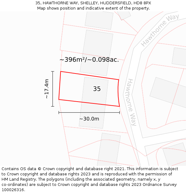 35, HAWTHORNE WAY, SHELLEY, HUDDERSFIELD, HD8 8PX: Plot and title map