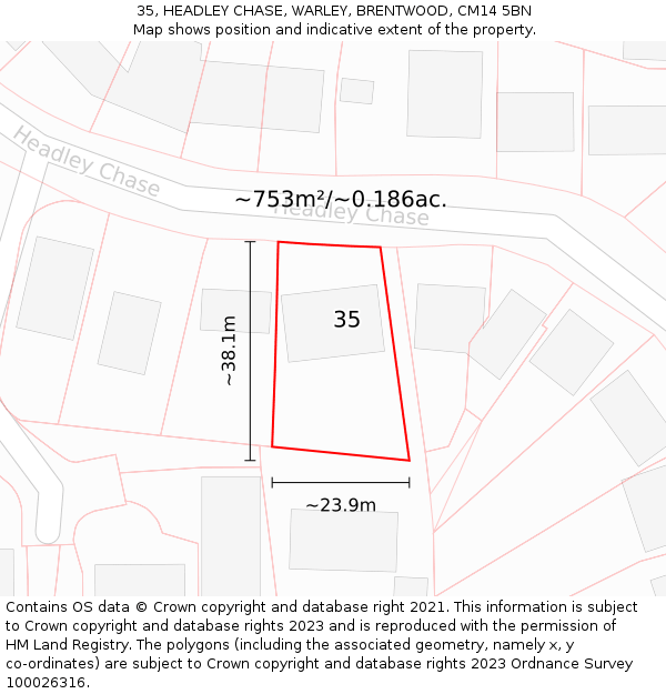 35, HEADLEY CHASE, WARLEY, BRENTWOOD, CM14 5BN: Plot and title map