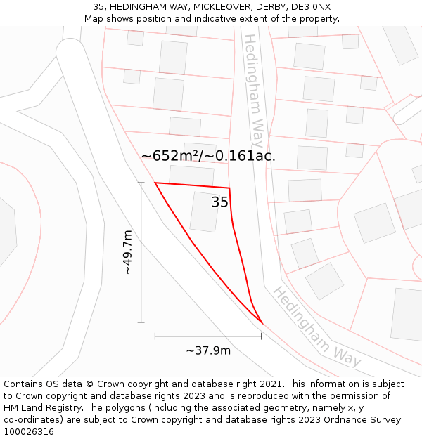 35, HEDINGHAM WAY, MICKLEOVER, DERBY, DE3 0NX: Plot and title map
