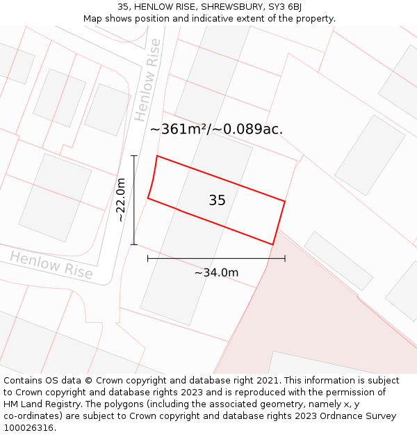 35, HENLOW RISE, SHREWSBURY, SY3 6BJ: Plot and title map