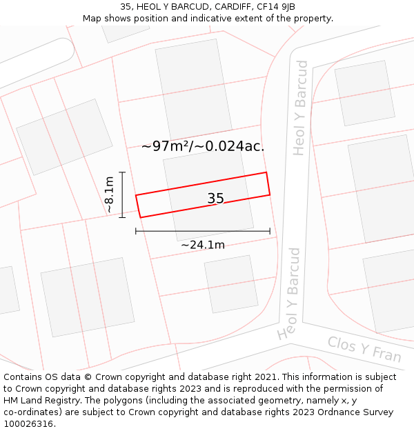 35, HEOL Y BARCUD, CARDIFF, CF14 9JB: Plot and title map